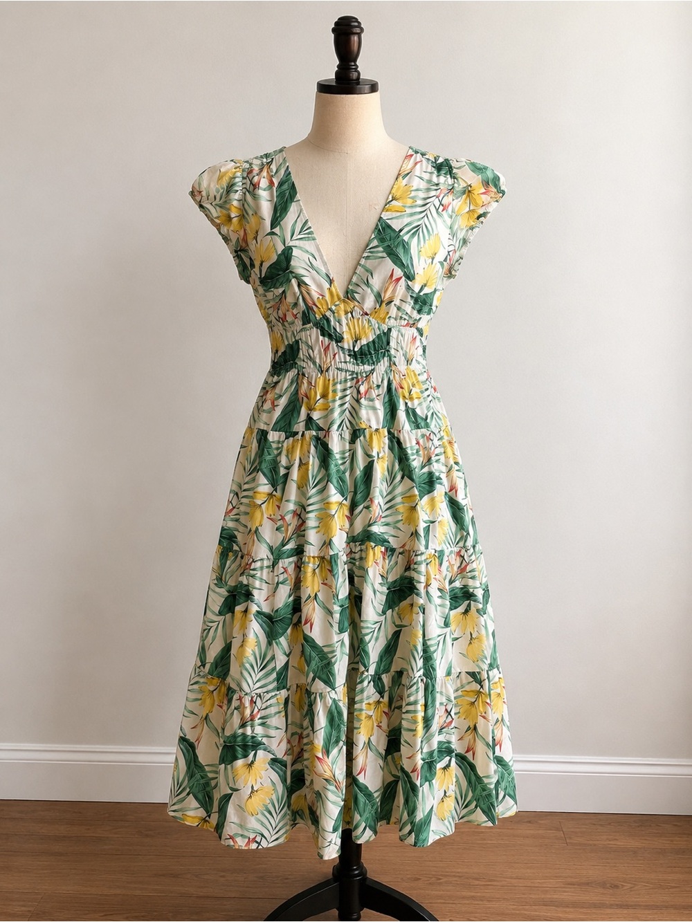 H&M White Floral Midi Dress with Green Leaves & Yellow Blooms